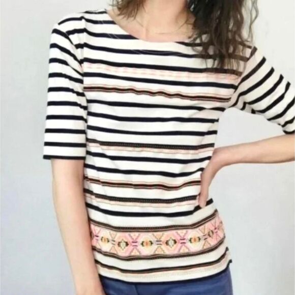 J Crew Top Womens Size Small Short Sleeve Embroidered Beige Striped Cotton - Picture 1 of 8